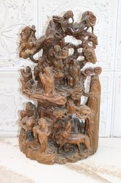 Exotic Intricately Carved Zebra Wood Statue With Chinese Sages & Goddess With Tall Mountain & Clouds