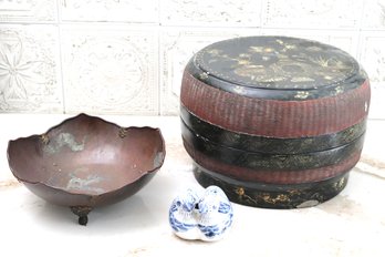 Finely Woven Chinese Box With Gilt Painted Lid, Unique Brass Bowl With Dragon & Porcelain Ducks