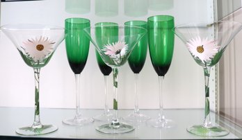 Hand Painted Martini Glasses And Green Champagne Flutes