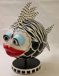 Unique Handcrafted/hand Painted Papier Mache Art Sculpture Of A Painted Fish With Zebra Stripes & Luscious