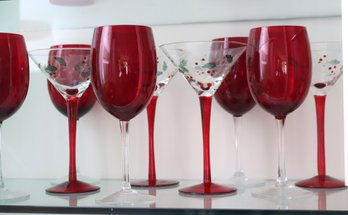 Set Of 4 Hand Painted Holiday Martini Glasses With 5 Tall Red Wine Glasses