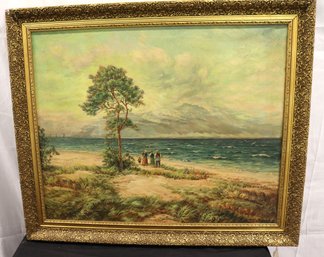 After Storm Oil On Canvas Painting, With 19 Th C. Dressed Figures Watching Ocean Waves.