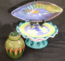 Milson And Louis Hand Painted Pedestal Cake Plate, Angelico Pottery Fish Dish And Pottery Urn Signed