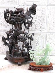Light Green, Jade Carving Of Goddess And Cloud Swirls On A Wooden Base And Tall Carved Wood Sculpture Wit