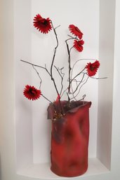 Hand Crafted/painted Red Vase Sculpture With Floral Decor