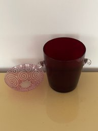 Stylish Red Glass Ice Bucket And Bowl