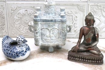 Mixed Metals Buddha, Unique Carved Stone Box With Engraved Faces & Lid & Porcelain Duck