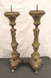 Pair Of Tall Baroque Style Metal Altar Candlesticks With Paw Feet