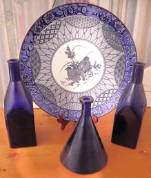 Indigo Blue Japanese Decorative Plate And 3 Blue Glass Bottles.