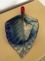 Large Blown Art Glass Leaf Platter Decor Approx. 17.5 Inches Long X 10.5 Inches Wide