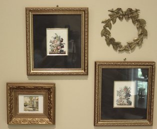 Assorted Prints And Decorative Brass Wreath Decor, Framed Italian Canal Print In Gold Finished Frame