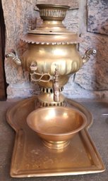 Vintage Brass Samovar With Bowl And Tray, Stamped, Made In Iran Khalil.