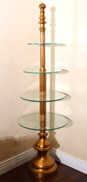 Stylish 4-tiered Circular Display Stand With A Gold Painted Post And Half Inch Thick Glass