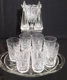 Assorted Cut Crystal/glass Including Tray, Oil And Vinegar And Water Glasses