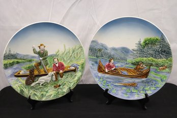 Two German Porcelain Decorative Hand Painted Wall Plates With Nature Scenes.