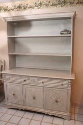 Vintage Pegged Wood Oak Buffet/server With Hutch In A White Wash Finish