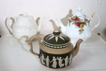 Three English Teapots With Wedgwood Queensware, Spode, And Royal Albert Old Country Roses