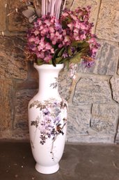 Enchanting Tall Hand Painted Japanese Vase With Wisteria Flowers And Calligraphy.