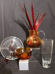 Glassware Including Blown Glass Amber Toned Pitcher With A Crackle Finish And Bowl Signed, Including Glass Vas