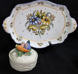 Vintage Fitz And Floyd Covered Vegetable Dish And Painted Floral Ceramic Platter From Italy