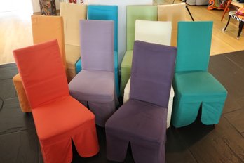 10 Italian Style Dining Chairs With Fun Multi Colored Slipcovers, Ready For New Covers Or New Fabric Use Your