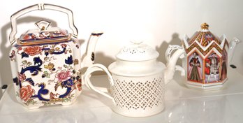 Three Vintage Teapots With Leeds Ware, England Henry 8th & Masons Mandalay