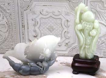 Two Pieces Of Carved Chinese Jade With Grey Toned Fish & Green Toned Buddha On Stand