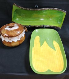 Ceramic Corn Platter By Boston Warehouse Trading Corp, Handmade Greenware Pottery Dish With Lid And Wood Dish