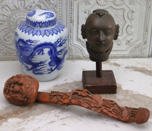 Porcelain Painted Urn With Dragon, Bronze Ceremonial Head Statue & Carved Wood Chinese Ruyi Scepter