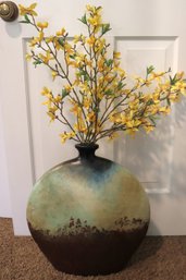 Large Modernist Two - Tone Raku Inspired Vase With Textured Finish And Silk Flowers.