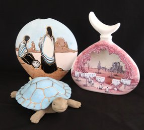 Collection Of Vintage Santa Fe Style Southwestern Painted Pottery, Includes A Vase & Turtle Box