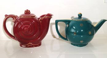 Hall China Red Nautilus Teapot And Hall Star Pattern Green Teapot.