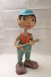 Large Handcrafted/hand Painted Papier Mache Character Art Sculpture Of A Little Boy Ready To Play Baseball