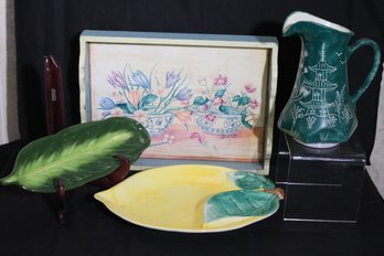 Athermo Serving USA Lemon Platter, Asian Style Signed Pitcher From Marfran, Floral Painted Serving Tray