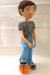 Large Handcrafted/hand Painted Papier Mache Character Art Sculpture Of A Little Boy With A Basketball