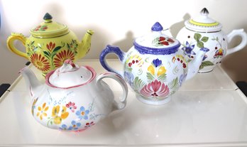 Lot Of 4 Teapots With 3 Vintage Quimper, And Ellgreave English Ironstone