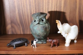 Animal Miniatures Includes A Carved Marble Elephant, Patinated Cast Iron/metal Owl By Vony Japan & Vintage