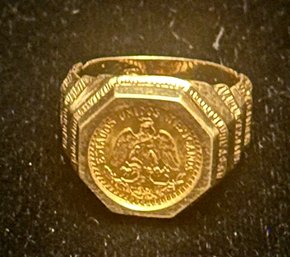 14k YG Fancy Ring With 22k 1945  Dos Peso Mexican Coin (90% Gold) - Size 8.5