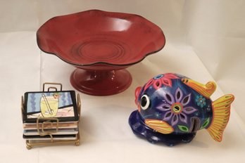 Hand Painted Coaster Set By Milson And Louis, Painted Fish Decor And Red Wavy Pedestal Dish By Crate &