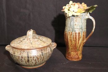 Decorative Pottery Includes A Pitcher And A Covered Dish