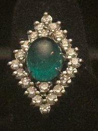 14K WG Diamond Cocktail Ring With Green Semi Precious Center Stone - Size 4.5