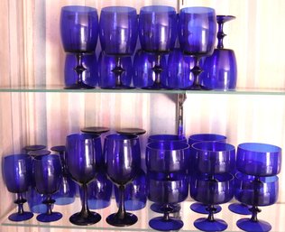 Lot Of Vintage Cobalt Blue Stemmed Wine Glasses In Assorted Sizes.