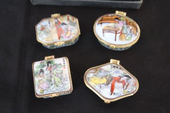 Lot Of 4 Asian Porcelain Pillboxes With Painted Designs And Signature.