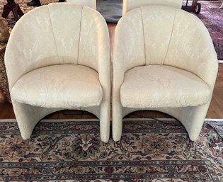 Pair Of Fine Post Modern Club Chairs With Cream Tone Brocade Damask Style Fabric