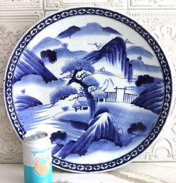 Antique Hand Painted Chinese Wall Plate With Landscape Scenery & 3 Blue Circles On Underside