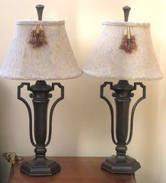 Pair Of Contemporary Metal Urn Lamps With Damask Shades And Tassel.