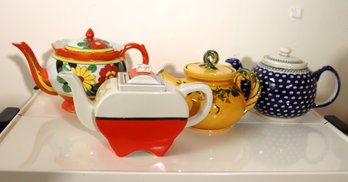 Lot Of 4 Ceramic Teapots With Hand Painted Flowers, And Geometric Designs