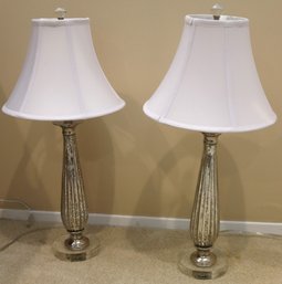 Pair Of Stylish Mercury Style Glass Table Lamps On Lucite Base With Silk Shades