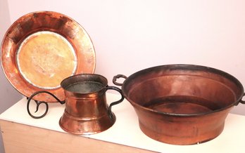 Lot With Large Copper Fruit Bowl, Decorative Copper Plate On Stand & Pitcher.