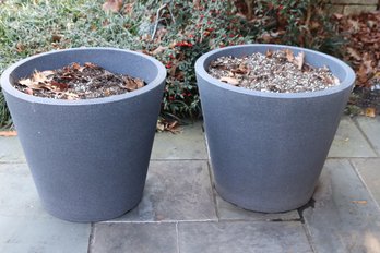 Pair Of Modern Quality Gray Plastic Outdoor Tapered Cylinder Planters Approximately 22.5 X 20 Inches Tall
